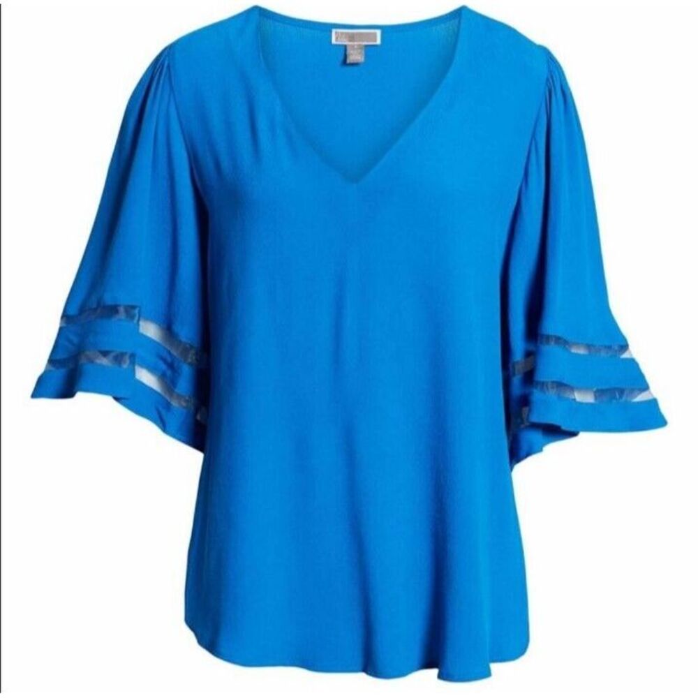 Ekouaer Tunic Blouse Blue Solid V Neck Pullover Relaxed Fit Shirt Casual 3XL